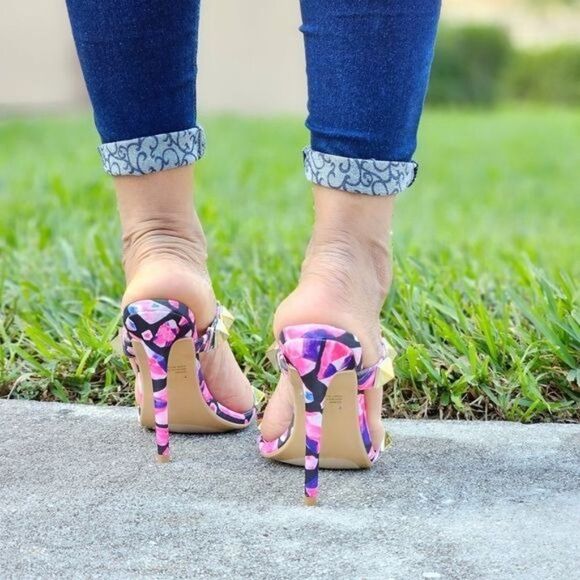 Women's Pink Studded High Heel Square Open Toe Shoes - Picture 3 of 6